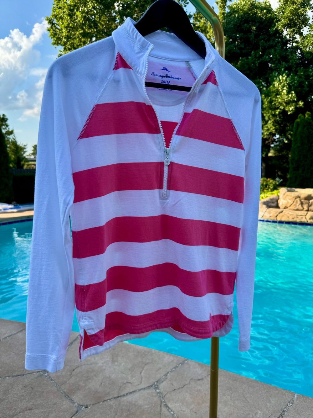 Tommy Bahama Stripe 1/2 zip pull over White and Pink light weight EUC size XS